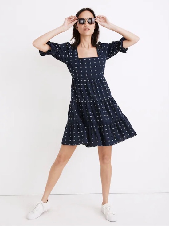 Madewell Dresses & Skirts - Madewell Tiered Babydoll Dress Square Neck Puff Sleeve Textured Mini Navy Size 8